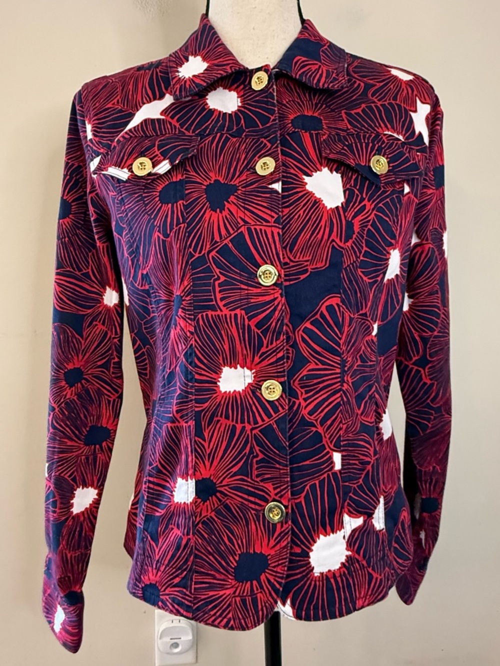 Charter Club red white blue floral jacket gold buttons SZ M
